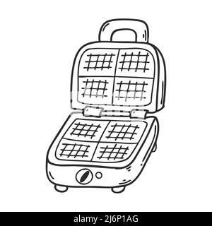 Electric waffle iron in Doodle style. Kitchen appliances for cooking waffles. Design element for menu design, recipes, and food packaging. Hand drawn Stock Vector