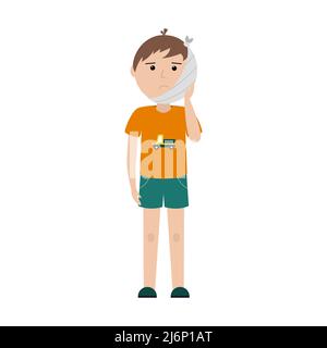 A sad boy in a t-shirt with a car and shorts stands holding his bandaged cheek. Toothache. Bandage on the head. Simple color illustration with a child Stock Vector