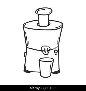 Electric juicer in Doodle style. Kitchen appliance for making fresh juice. Decorative element for menu design, recipes, and food packaging. Hand-drawn Stock Vector