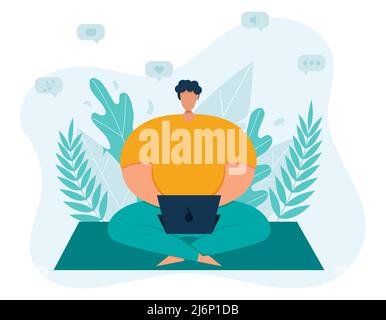 A young plump man freelancer spends time in social networks at a laptop, sitting cross-legged. Abstract leaf background. The concept of remote work. S Stock Vector