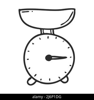 Kitchen scales with a bowl. Doodle. Kitchen utensils, tools for weighing products. For the design of magazines, packaging, menus, and recipes. Hand dr Stock Vector