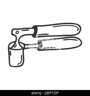 The garlic crusher. Garlic press. Kitchen accessories, cooking utensils. Design element for menu design, recipes, and food packaging. Hand drawn and i Stock Vector