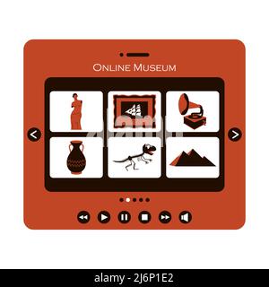 Concept of visiting an online Museum or exhibition. Tablet with categories of Museum items. The symbols of sculpture, ancient culture, the skeleton of Stock Vector