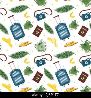 Seamless pattern with tropical leaves, monstera, suitcase,flip flops, passport.Flat style.Pattern on the theme of travel on a white background. Color Stock Vector