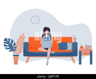 Vector illustration in a flat style - woman sitting working on a sofa with a laptop - concept of creative and remote work in a home office. Home inter Stock Vector
