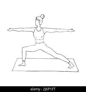 A young girl is engaged in Hatha yoga. The warrior pose. Virabhadrasana. Gymnastics, healthy lifestyle. Doodle style. Black and white vector illustrat Stock Vector