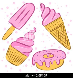 Color vector illustration. Set of cupcake, ice cream in a horn, popsicle and donut. Elements are drawn by hand and isolated on white. For design of pa Stock Vector