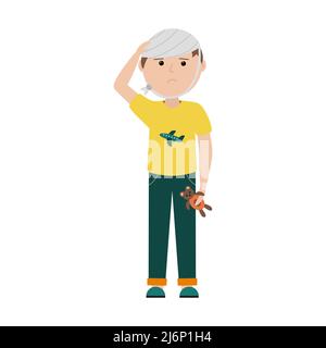 A sad boy in a t-shirt and trousers stands holding his bandaged head with his other hand holding a toy bear.Head injury,headache.Bandage on the head.V Stock Vector