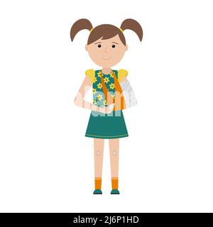 A girl with ponytails with a broken arm and a band-aid on her knees stands and smiles. The arm is bandaged and fixed with a cast. Color illustration w Stock Vector