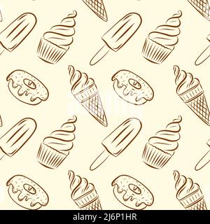 Seamless pattern of cupcakes, ice cream in a horn, popsicle and donut. Monochrome color pattern of hand-drawn elements. Confectionery, sweet dessert, Stock Vector