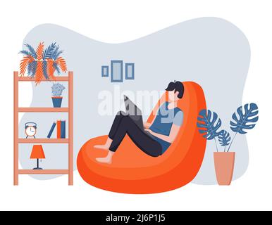 A male freelancer sits in a bean chair and works, study, communicates on social networks in a laptop. The concept of remote work in cozy home environm Stock Vector