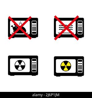 Prohibition, ban, no or stop signs. Microwave icons. Do not cook in the microwave. Cook in the electric stove symbol. Forbidden prohibited red charact Stock Vector