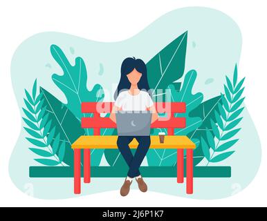 A female freelancer with dark hair sits cross-legged on a Park bench and works with a laptop.The concept of remote work and study. Background with lea Stock Vector