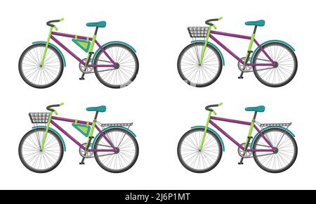 Set of bicycles with different elements. Flat style. An eco friendly vehicle for walking, recreation, sports, delivery of food and goods. Color vector Stock Vector