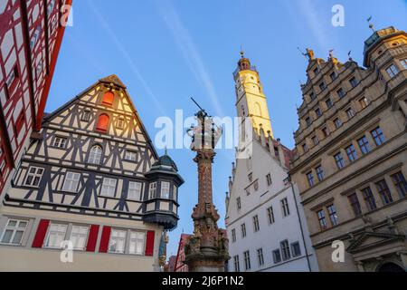 beautiful architecture of romantic Rothenburg ob der Tauber with timbered Fachwerkhaus syle houses in Bavaria Germany . Stock Photo