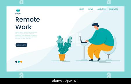 Landing page template. Web page concept for freelancing, remote work and business. A man is working with a laptop at a table. Color vector illustratio Stock Vector