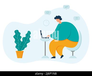 Obese young male freelancer working at a laptop. Symbols of money and business. Home office with a modern Desk and chair. The concept of remote work. Stock Vector