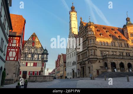 beautiful architecture of romantic Rothenburg ob der Tauber with timbered Fachwerkhaus syle houses in Bavaria Germany . Stock Photo