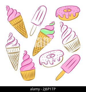 Color vector illustration. Set of cupcake, ice cream in a horn, popsicle and donut. Elements are drawn by hand and isolated on white. For design of pa Stock Vector