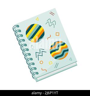 .Closed spiral notebook for notes. Flat style. Cover with abstract shapes. Stationery for writing and drawing. Color vector illustration. Element isol Stock Vector