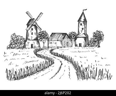 Sketch of a rural landscape. The road leading to the farm, houses, mill through a wheat field. Good for packaging eco-friendly, natural food. Engraved Stock Vector