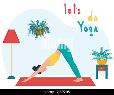 The girl practices yoga at home.The concept of yoga classes at home. A woman in the dog pose with her face down. Practice yoga in the living room. Fem Stock Vector