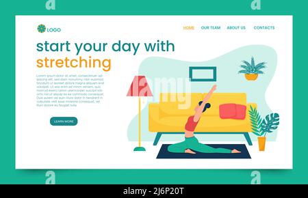 The girl does yoga in an apartment, in a home environment. Landing page template. The concept of yoga classes at home. healthy lifestyle. Banner with Stock Vector