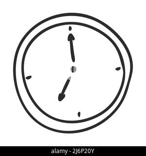 Wall clock in Doodle style. 7 o'clock. Symbol of time. A simple black and white drawing is drawn by hand and isolated on a white background Stock Vector