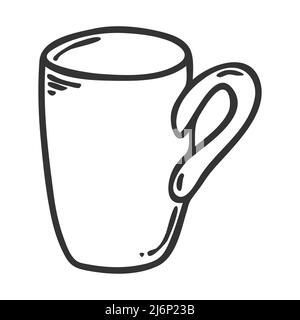 Mug with handle in Doodle style. Kitchen utensils. Design element for decorating menu, recipes, and food packaging. Hand drawn and isolated on white. Stock Vector