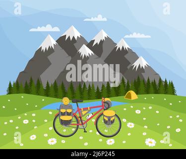 Natural landscape with a chamomile meadow and mountains and a tent in the background. The concept of trips by bike with backpacks and bags. Bikepackin Stock Vector