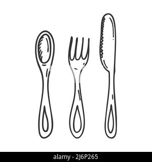 Set of Cutlery in Doodle style. A spoon, fork, and knife are hand-drawn and isolated on a white background. Black and white vector illustration Stock Vector