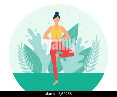 A girl does yoga in the Park. The concept of outdoor yoga. The practice of yoga in nature. Flat style. Girl in the mountain pose. A female cartoon cha Stock Vector