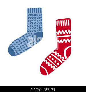 Warm winter socks in Doodle style. Item of winter and autumn clothing. A simple, cute hand-drawn drawing. Hygge, a cozy home, comfort. Isolated on whi Stock Vector