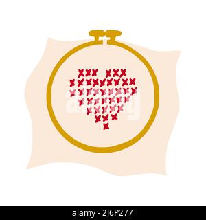 Cross-stitch with a heart. Crafts, Hobbies, creativity. Hygge, a cozy home, comfort. Hand drawn and isolated on a white background. Color vector illus Stock Vector