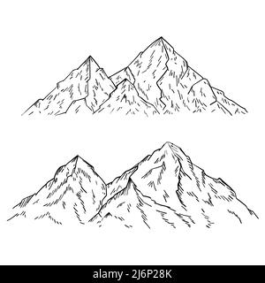 Mountains and Rock peaks in sketch style. Mountain landscape. Engraved drawing. Vector outdoor background. Hand drawn and isolated on white. Black and Stock Vector