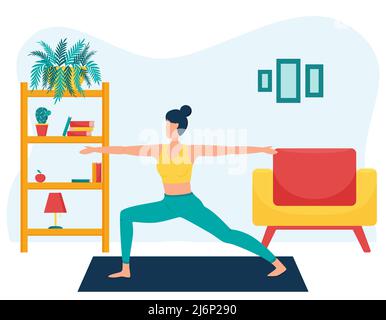 The girl practices yoga at home. The concept of yoga classes at home. a woman in the pose of a warrior. Practice yoga. Flat style. Healthy lifestyle. Stock Vector