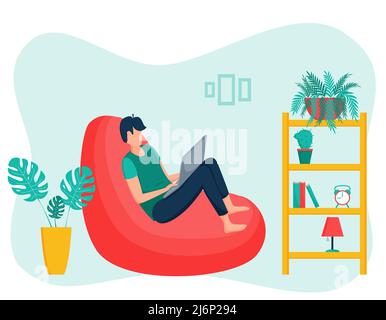 A young male freelancer with dark hair is sitting in a bean chair and working on a laptop. The concept of remote work, study from home. Work from ever Stock Vector