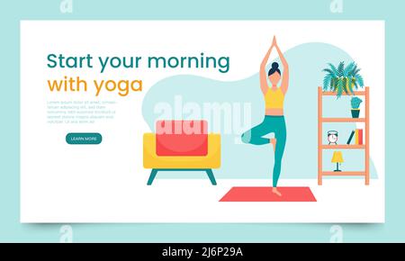 The girl does yoga in an apartment, in a home environment. Landing page template. The concept of yoga classes at home. Woman in the tree pose. Banner Stock Vector
