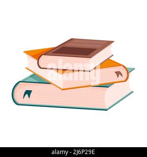 A stack of books with bookmarks. The books are stacked unevenly on top of each other. Hardcover textbooks. Education, reading, leisure, study. Color v Stock Vector