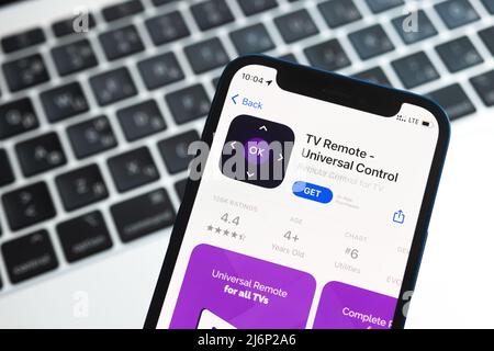 Poltava, Ukraine - May 2, 2022: TV Remote Universal Control app for mobile phone. Smart home concept photo with application Stock Photo