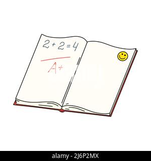Open school notebook with an example and assessment. Doodle. Stationery for pupils and students. Design element for products for school, study. Color Stock Vector