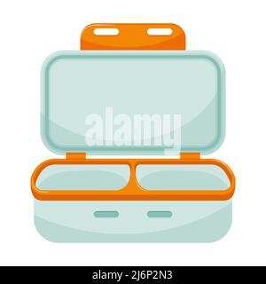 Empty open lunch box with two departments. Dishes for takeaway, lunch at school or at work. Kitchen container with lid. Color vector illustration in f Stock Vector
