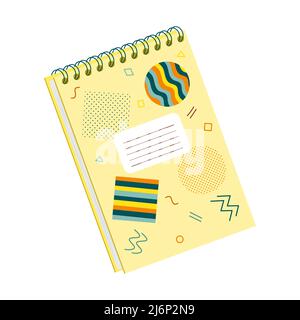 Closed spiral notebook for notes. Flat style. Cover with abstract shapes. Stationery for writing and drawing. Color vector illustration. Element isola Stock Vector