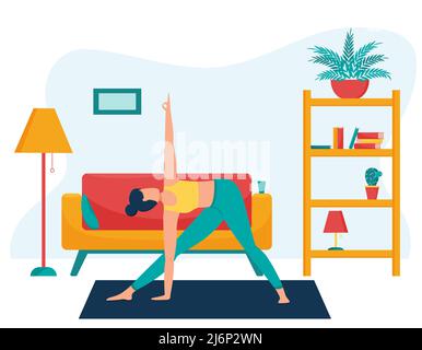The girl practices yoga at home. The concept of yoga classes at home. Woman in the triangle pose. Practice of yoga.Healthy lifestyle. Female flat char Stock Vector