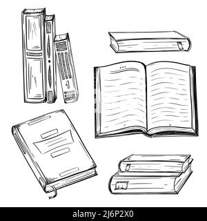 Collection of books. Hardcover books in a stack, open book, top view book in sketch style. Textbooks, literature, education, study. Black-white vector Stock Vector