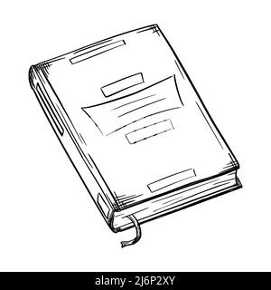 Sketch of a book with a bookmark. The book with an abstract hard cover is closed. An element for education, reading, and studying. Hand drawn and isol Stock Vector