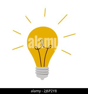 A burning light bulb in flat style. A symbol of new ideas and beginnings. Doodle style. Isolated on a white background. Color vector illustration Stock Vector