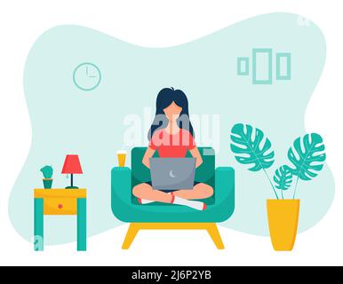 A freelancer girl is sitting in a chair with her legs bent and working with a laptop. The concept of remote work and study at home. Home interior of t Stock Vector