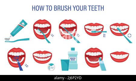 Infographic how to brush your teeth. Step-by-step instructions. Oral hygiene. Healthy lifestyle and dental care. Clean white teeth. Prevention of cari Stock Vector