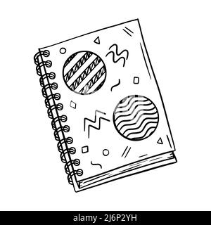 Sketch of a closed Notepad on a spiral for notes. Cover with abstract shapes. Stationery for writing and drawing. A design element for schools and Hob Stock Vector